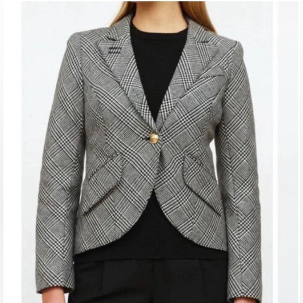 Smythe Blazer Womens 10 Black White Houndstooth Wool Leather Elbow Patch